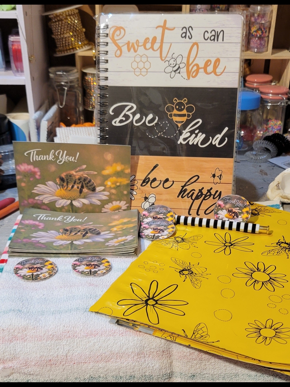 Bee Themed Stationery Set. Notebook 24 Thank You Cards, Stickers, 10 Polys & PEN